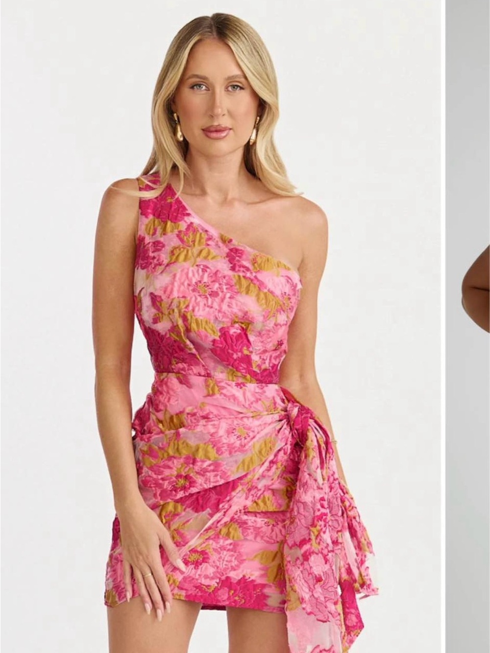 Showpo One-Shoulder Pink & Gold Floral Mini Dress